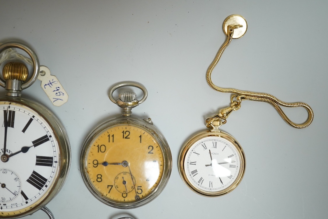 Eight assorted base metal pocket watches including 8 days, case diameter 65mm, a chrome cased Leonidas military, Ingersoll, Sekonda etc.